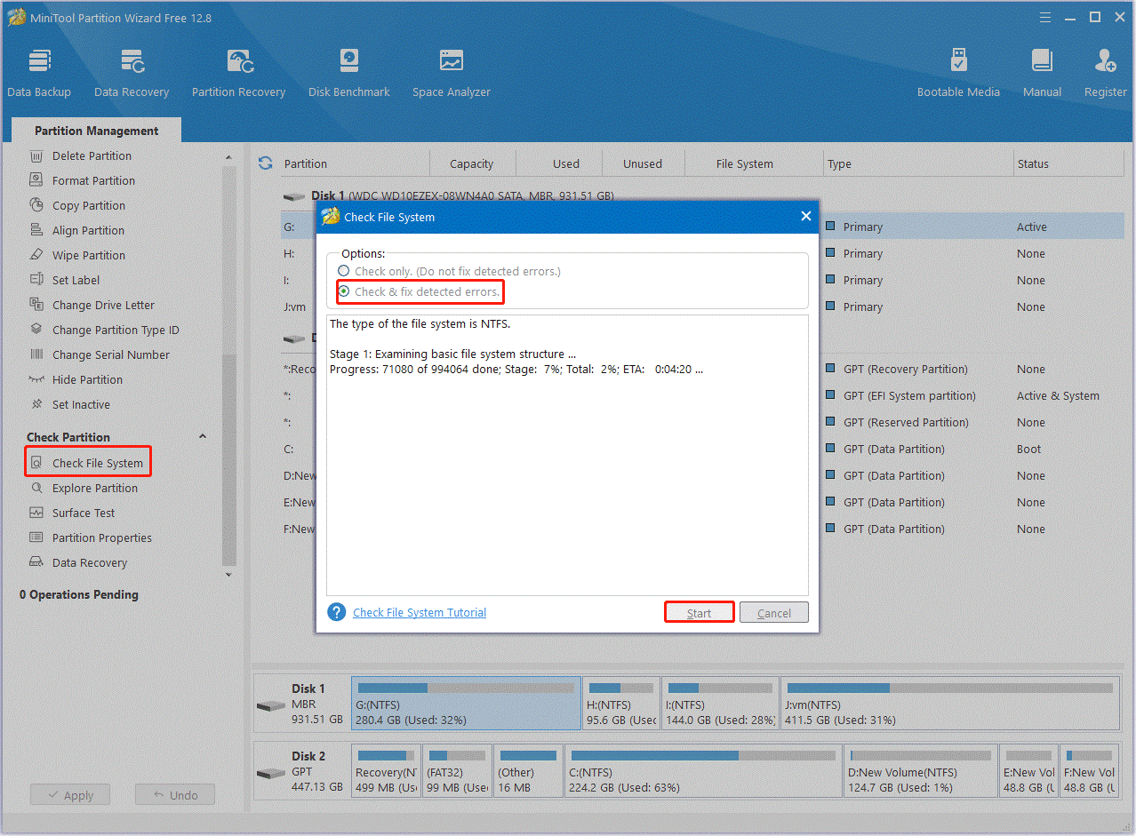 click Check and Repair errors on Partition Magic