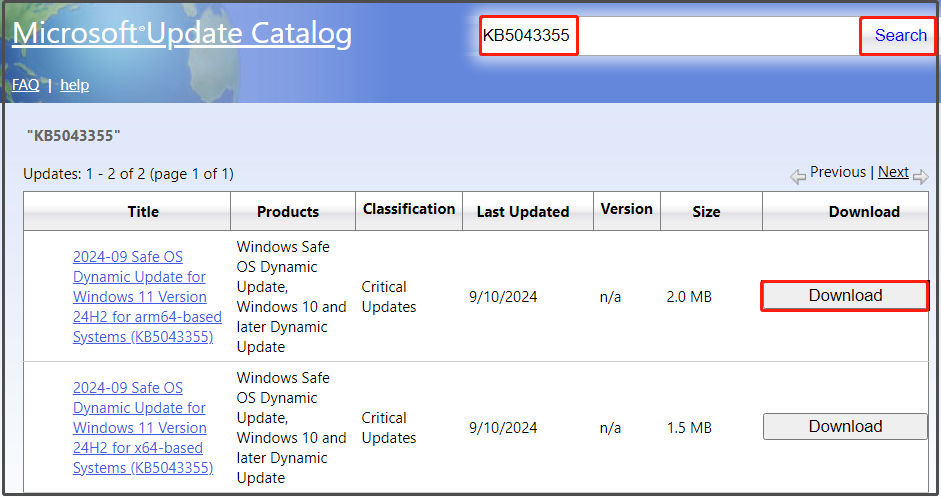 search and download KB5043355 from Microsoft Update Catalog