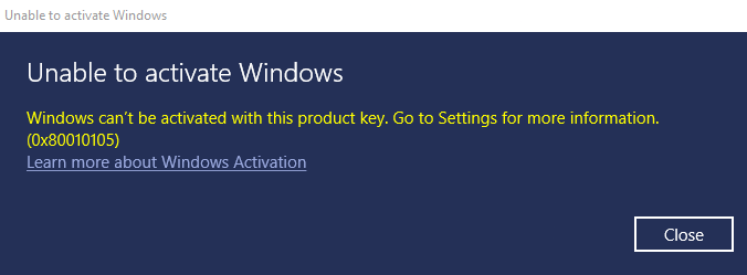 Windows activation error 0x80010105