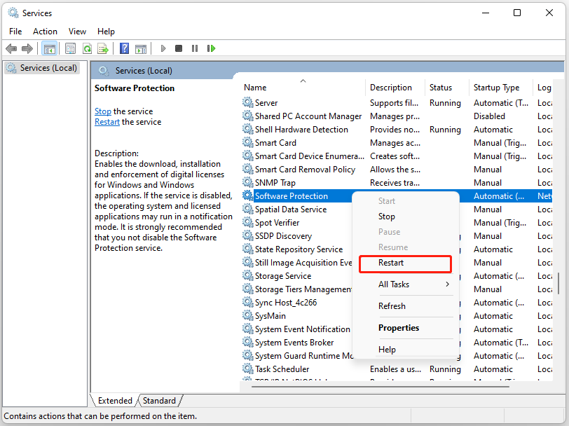 right-click the Software Protection service and select Restart in the Services window