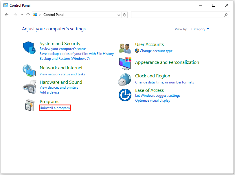 click Uninstall a program in the Control Panel