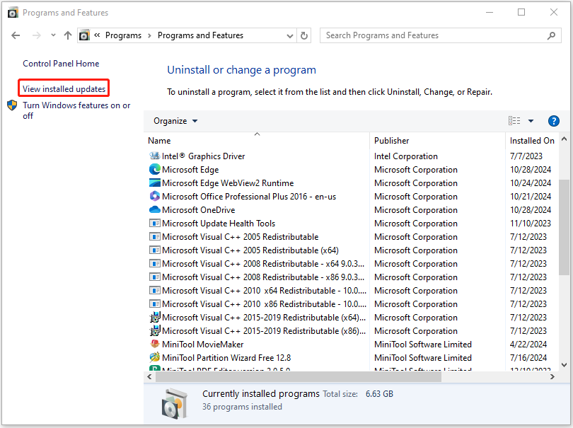 click View installed updates