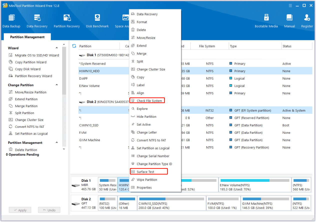 use MiniTool Partition Wizard’s Check File System feature or Surface Test feature