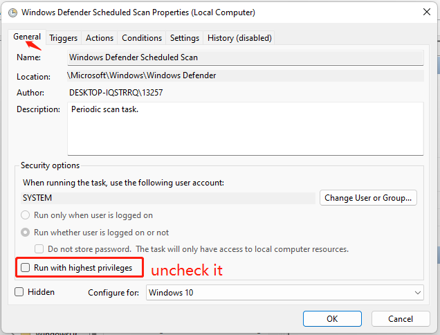 uncheck Run with highest privileges