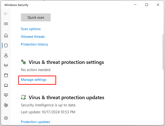 click Manage settings in Windows Security