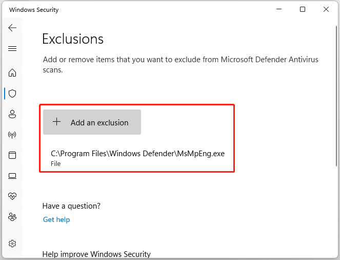 add MsMpEng exclusion in Windows Security