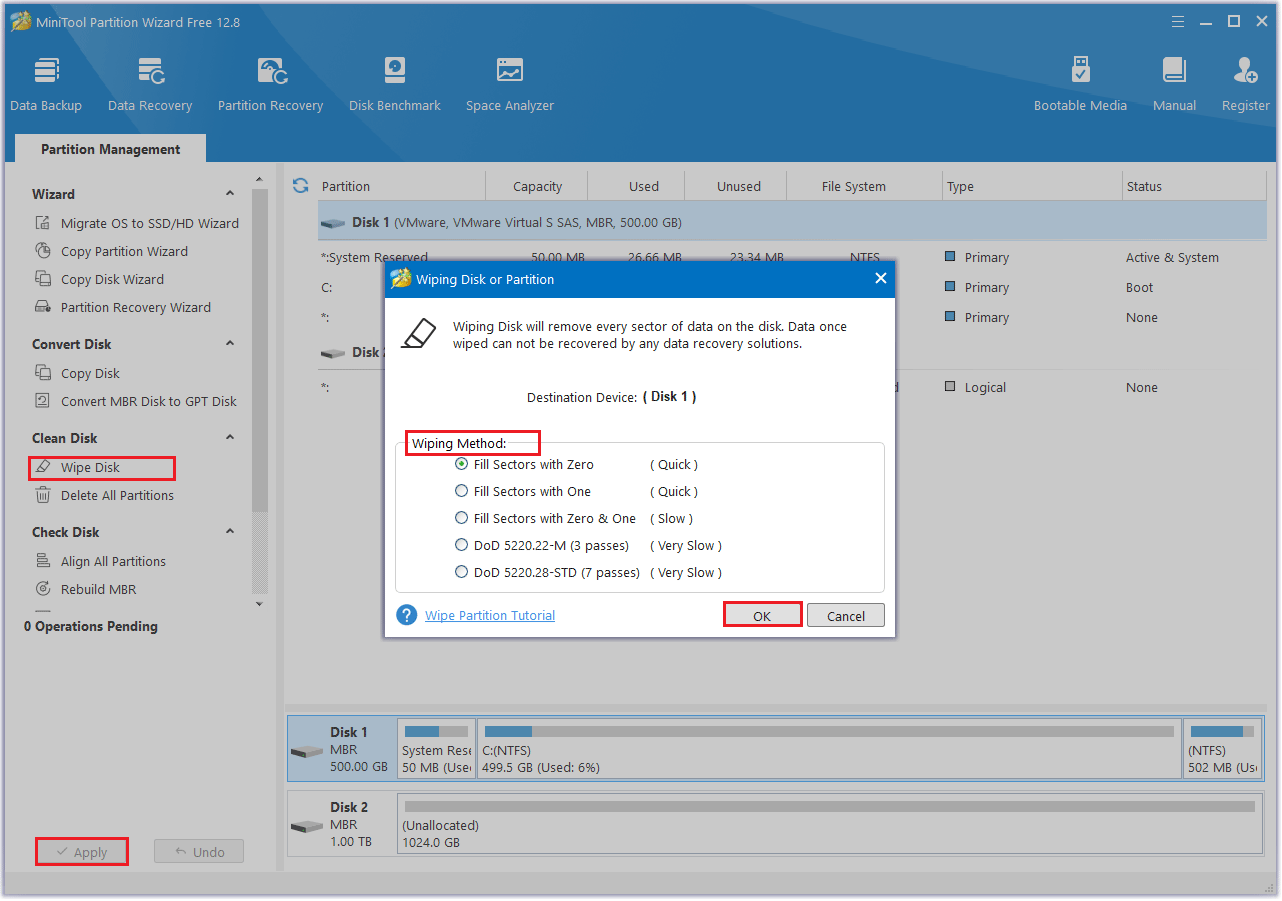 click Apply to wipe disk