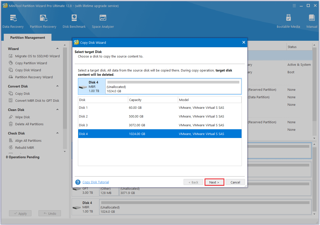 MiniTool Partition Wizard select the target disk