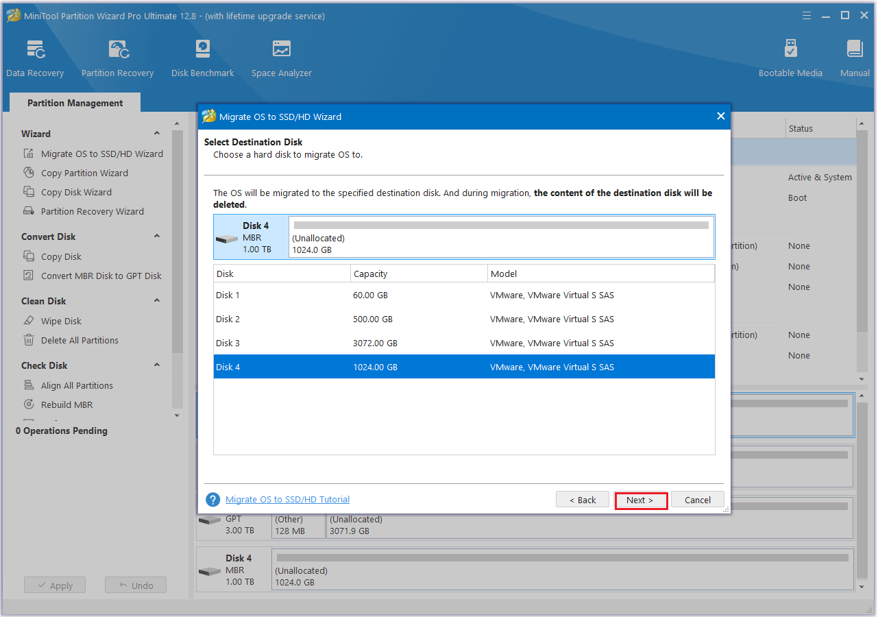 MiniTool Partition Wizard select the destination disk