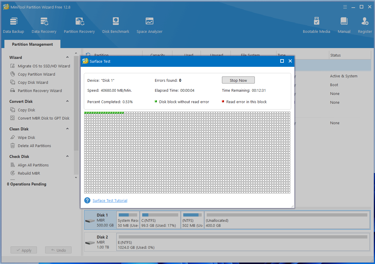 MiniTool Partition Wizard run Surface Test