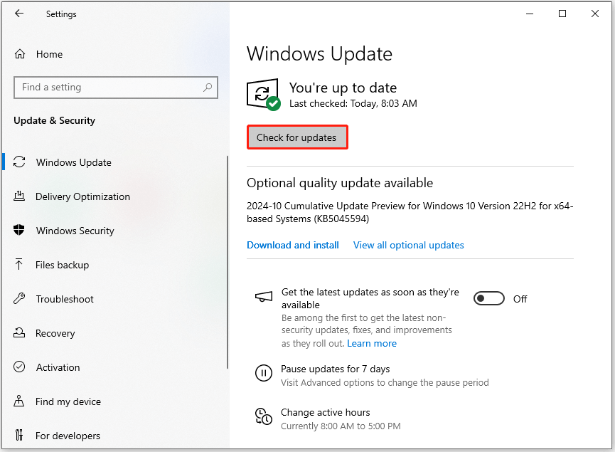 check Windows for updates in Setting window