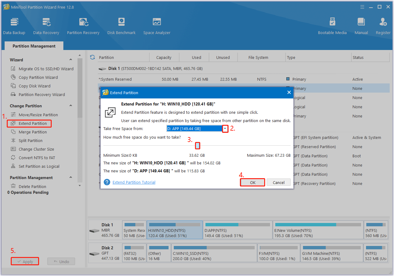 use MiniTool Partition Wizard’s Extend Partition feature