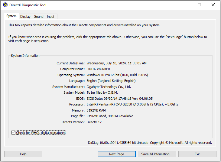 use DirectX Diagnostic Tool to check PC specs