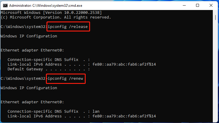 reset network using CMD