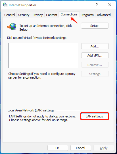 click LAN settings