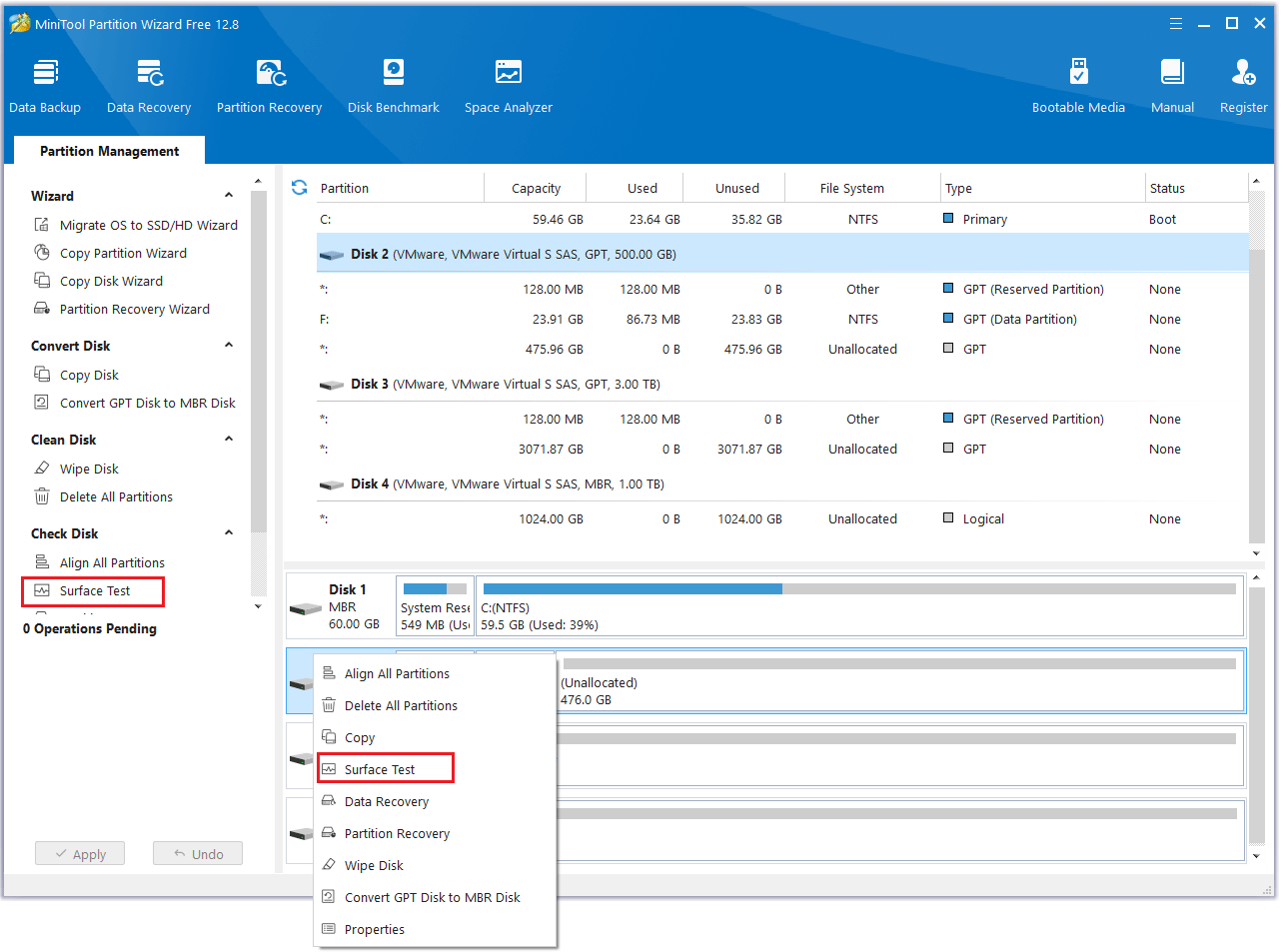 click the Surface Test feature of MiniTool Partition Wizard