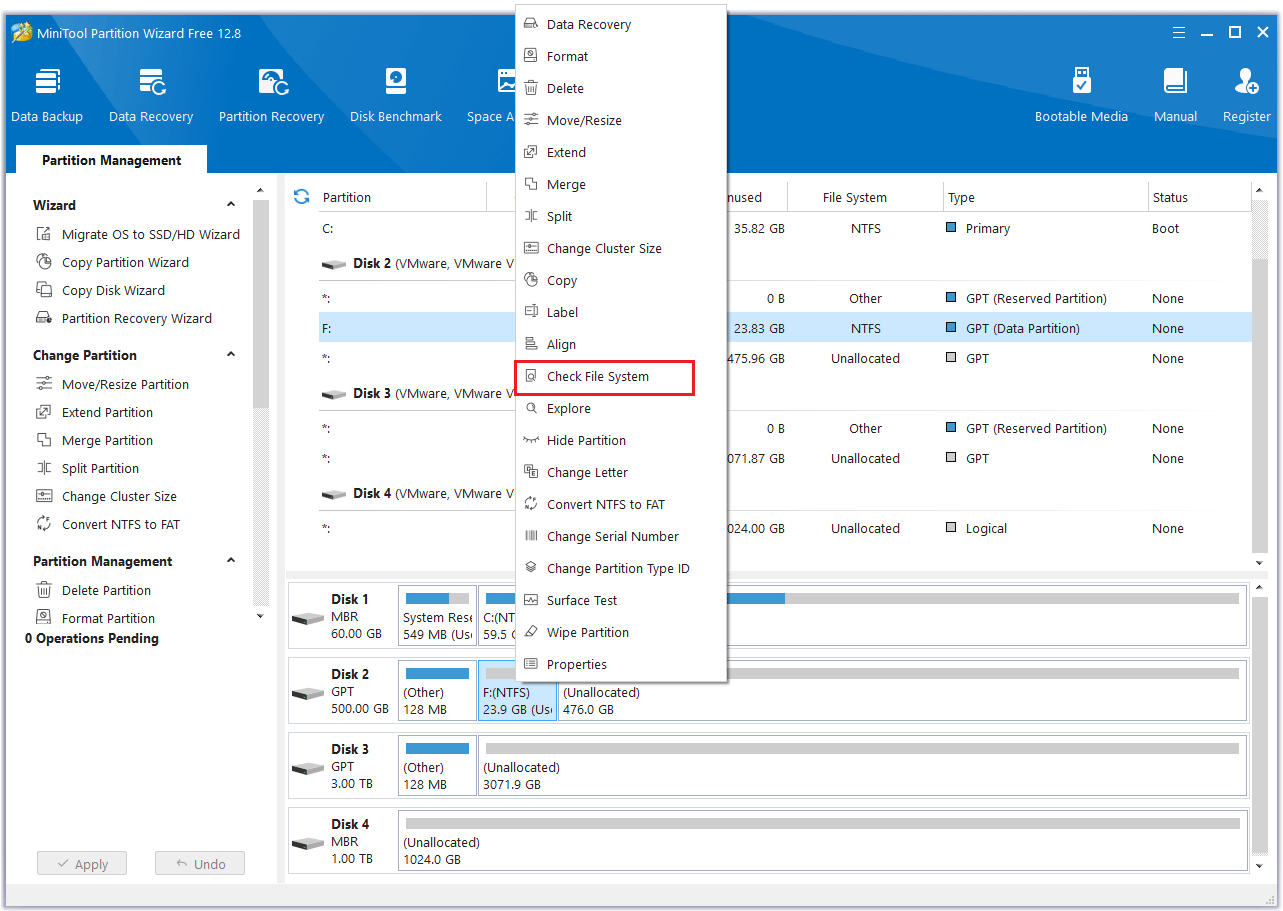 click the Check File System feature of MiniTool Partition Wizard