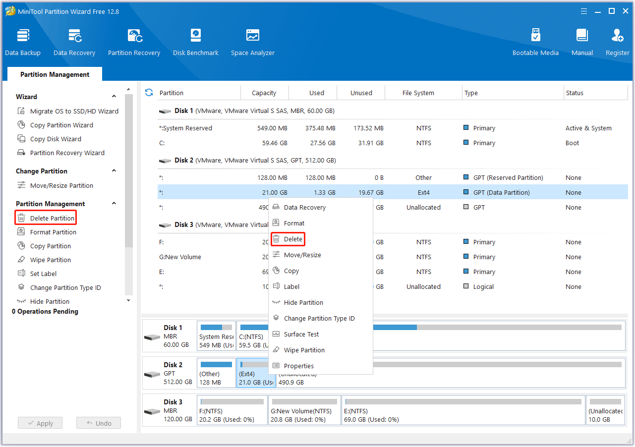 delete Ext4 partition with MiniTool Partition Wizard