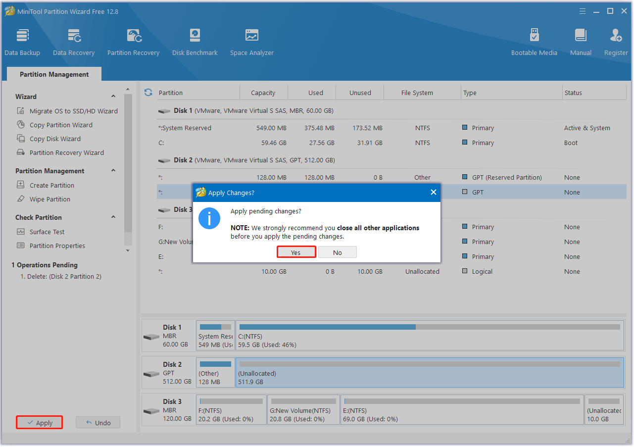 confirm the operation to delete the partition