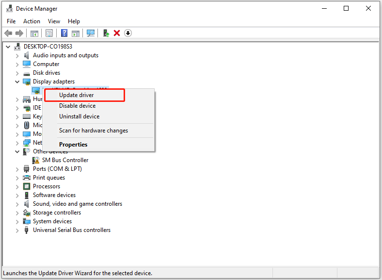 select Update driver in the Device Manager window