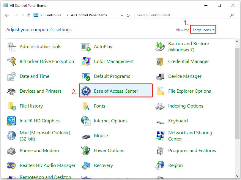 select Ease of Access Center from the Control Panel window