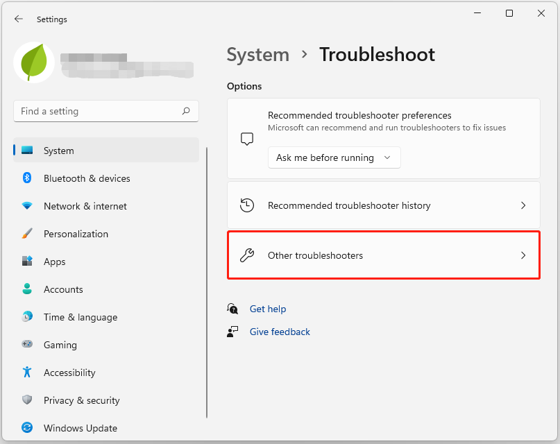 click Additional troubleshooters in the Troubleshoot settings window