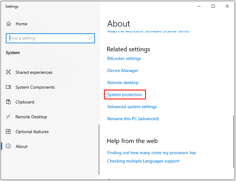 click System protection under Related settings