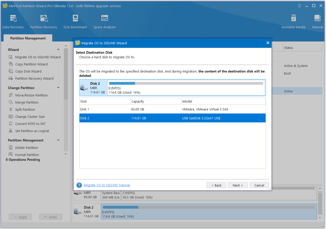 MiniTool Partition Wizard select the destination disk