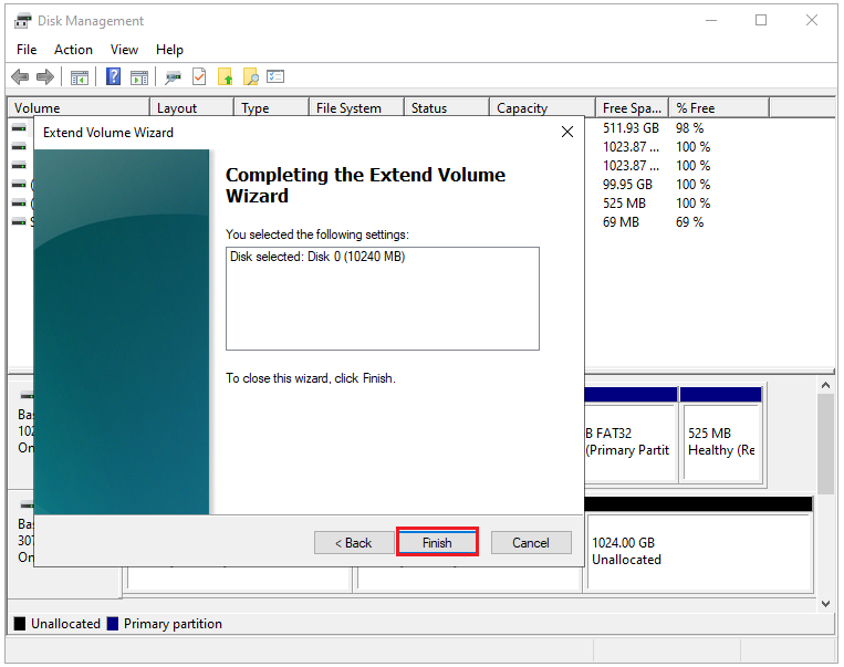 click Finish to extend partition