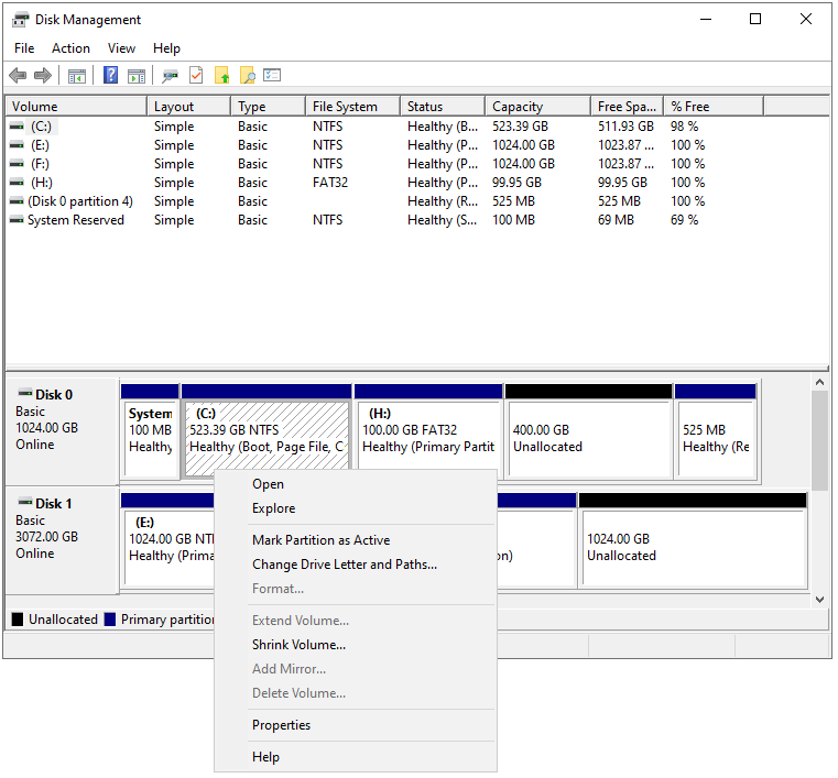 the disk map in Disk Management