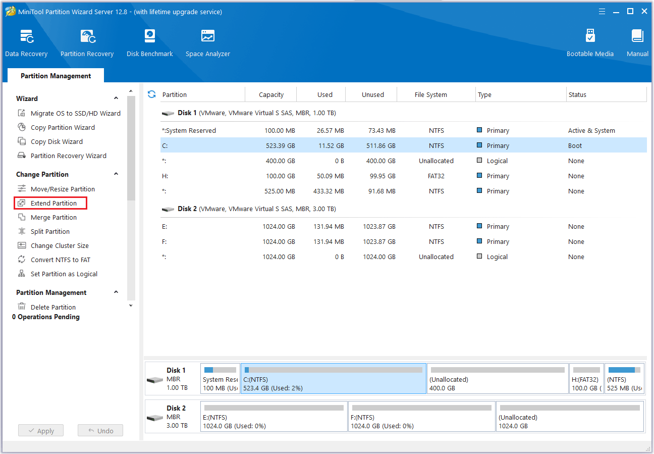 click Extend Partition feature of MiniTool Partition Wizard