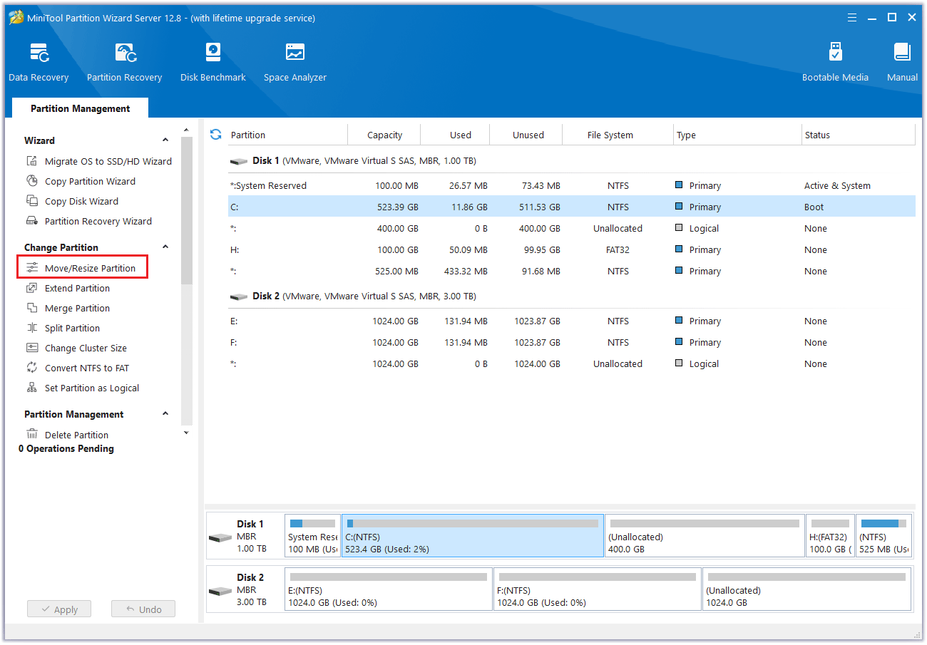 click Move/Resize Partition feature of MiniTool Partition Wizard