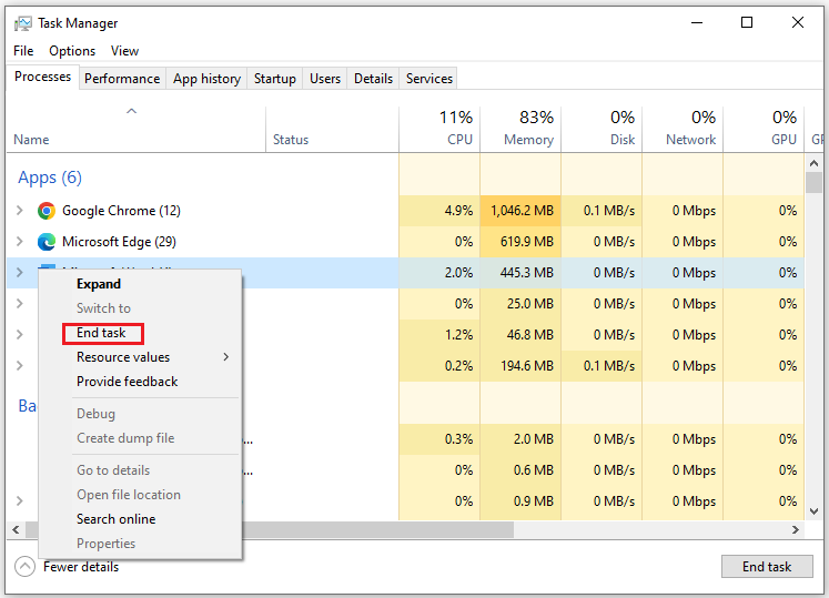 choose a high CPU app to end the task