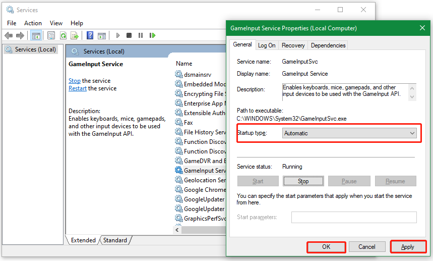 change Startup type of GameInput service to Automatic