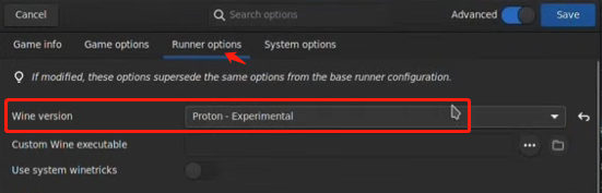 select proton experimental for Wine version