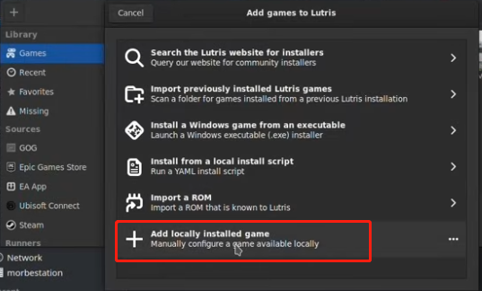 Add locally installed game in Lutris