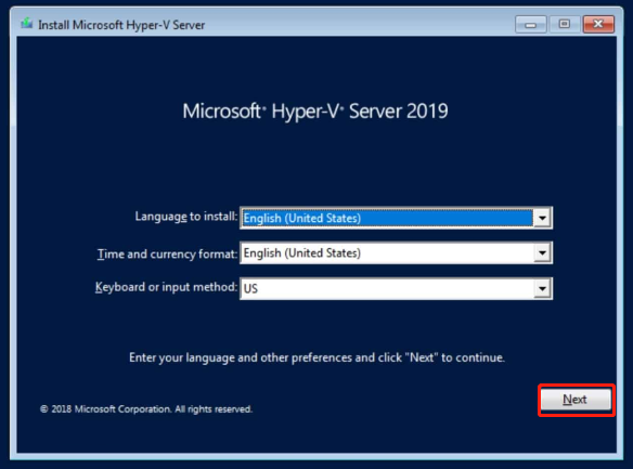 select language for Hyper-V Server 2019