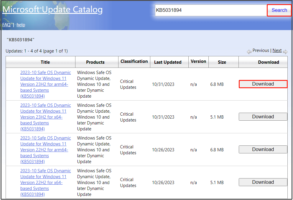 search and download KB5031894 from Microsoft Update Catalog