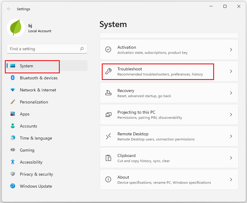 click Troubleshoot