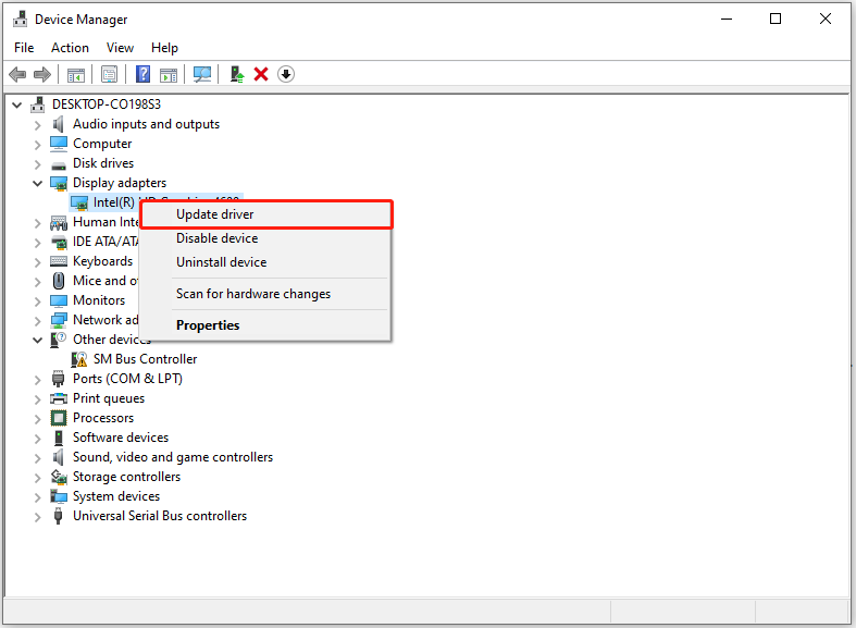 select Update driver in the Device Manager window