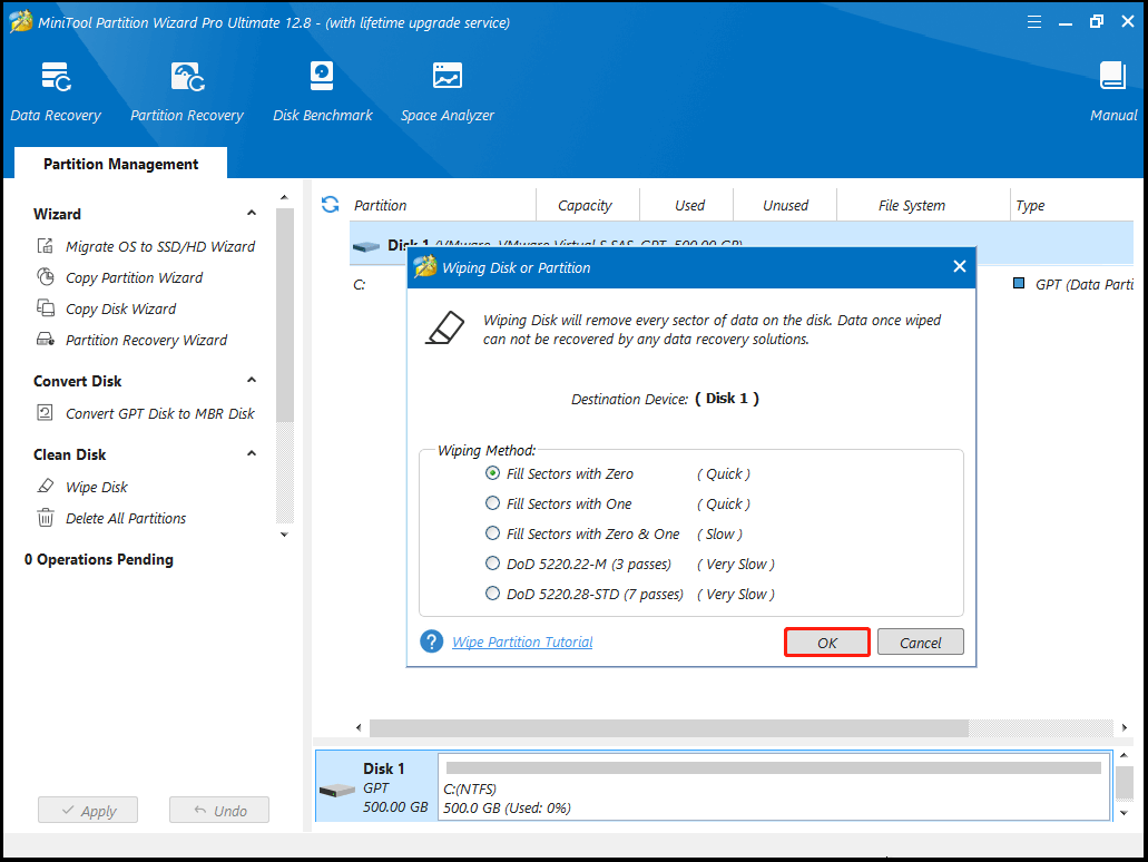 Partition Magic choose a wiping method and click OK