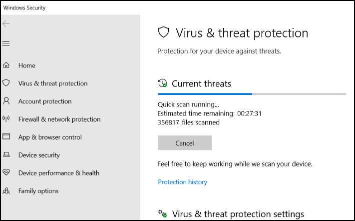 Windows Defender scan for viruses