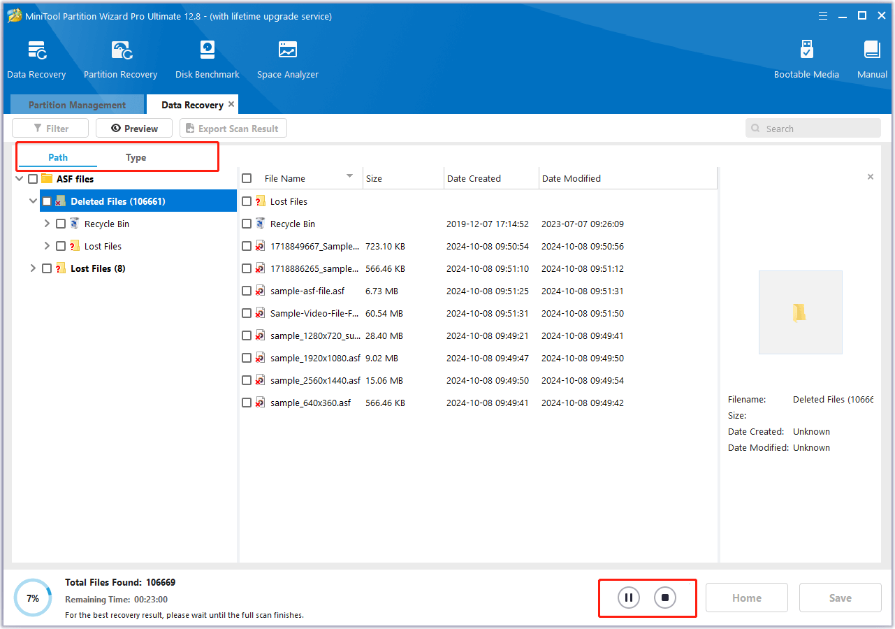 Use the Path and Type tab to find ASF files and click Pause or Stop button to end the scanning