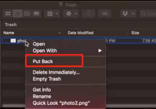 restore deleted file from the Trash window