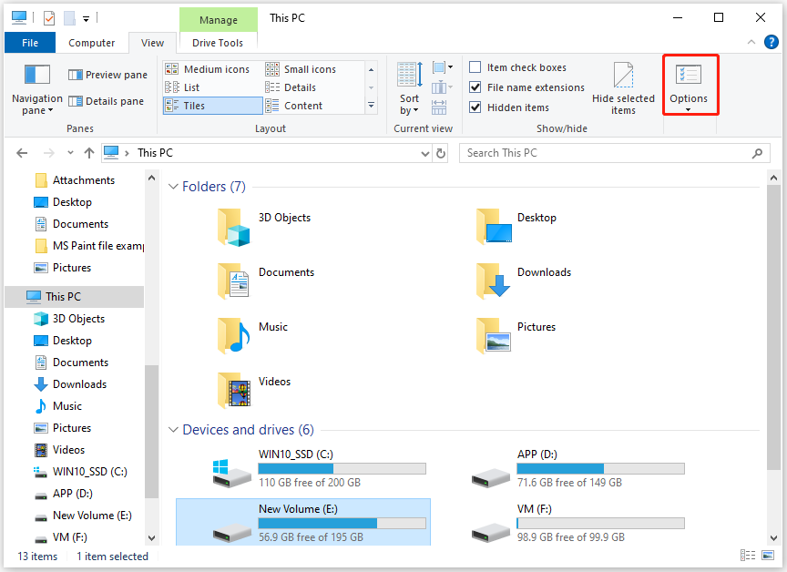 click Options in the File Explorer window