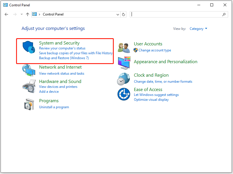 select System and Security from the feature list of the Control Panel window