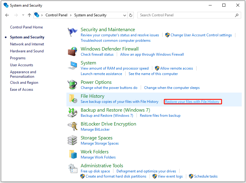 click Restore your files with File History