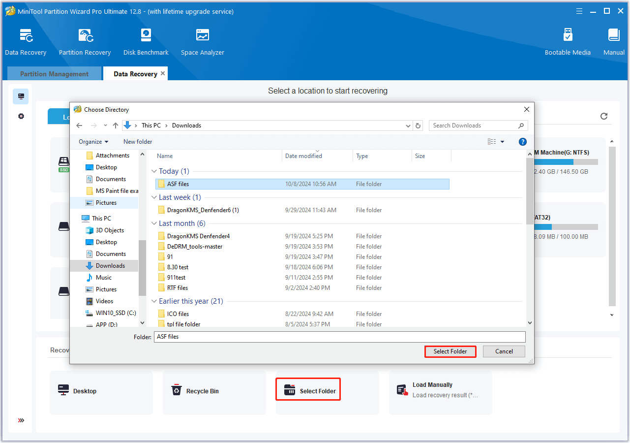 click Select Folder in MiniTool Partition Wizard to start data recovery scanning