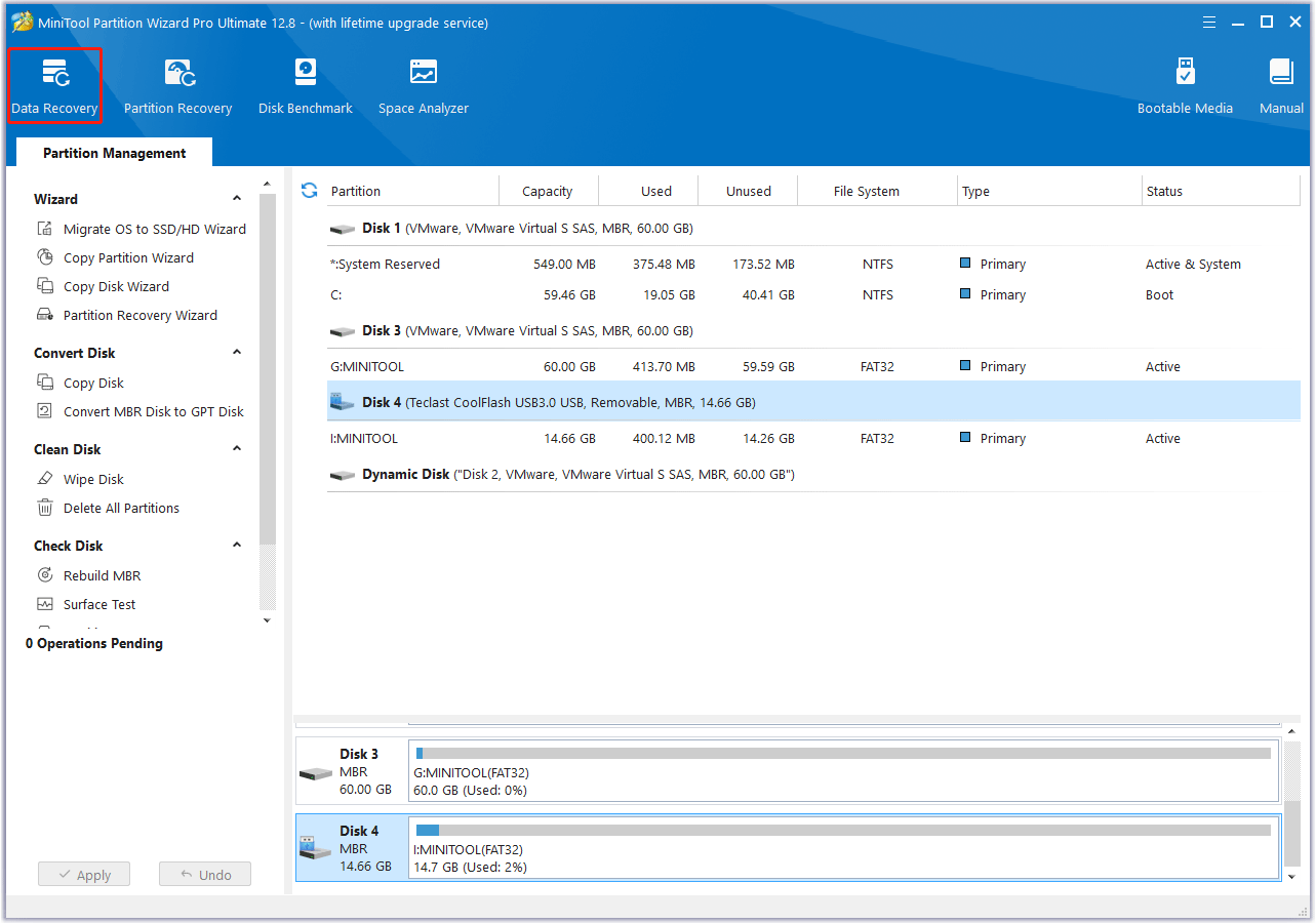 select Data Recovery in MiniTool Partition Wizard