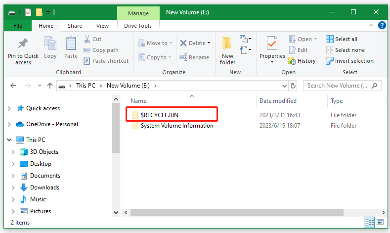 Recycle Bin folder in E drive